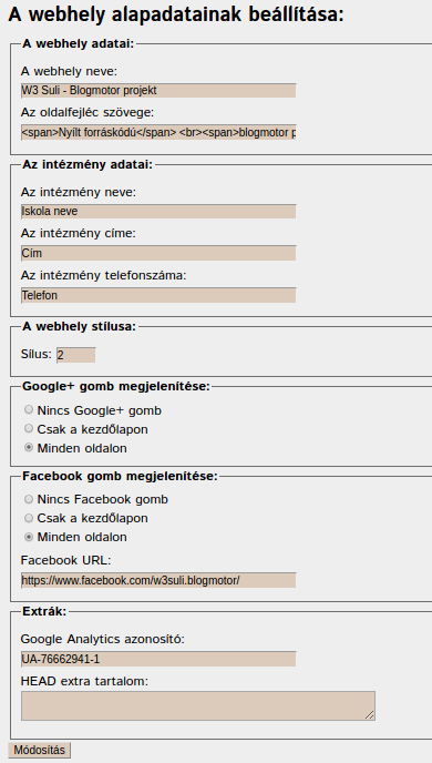 Alapadatok beállítása