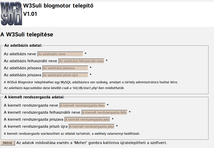 Telepítés setup.php segítségével