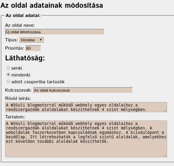 Oldal adatainak módosítása