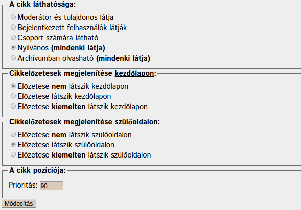 Cikk láthatóságának beállításai