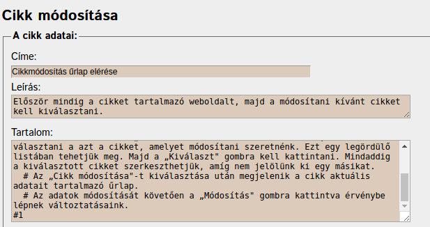 Cikk adatainak módosítása