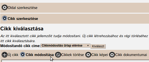 Cikkmódosítás űrlap elérése