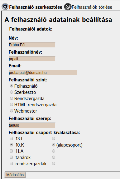 Felhasználói adatok módosítása