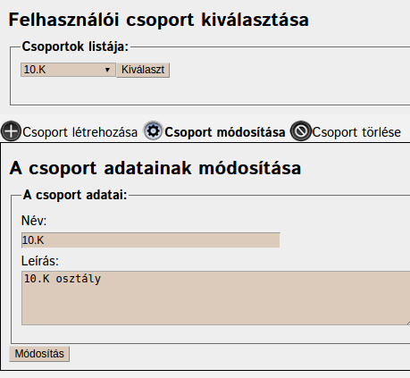 Csoport adatainak módosíítása