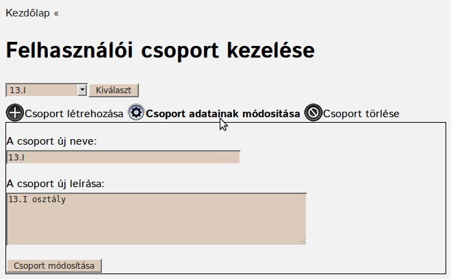 Csoport adatainak módosítása