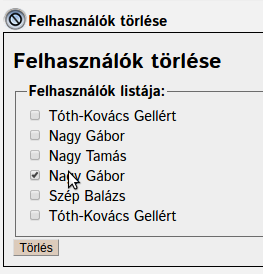 A törlendő felhasználó kiválasztás
