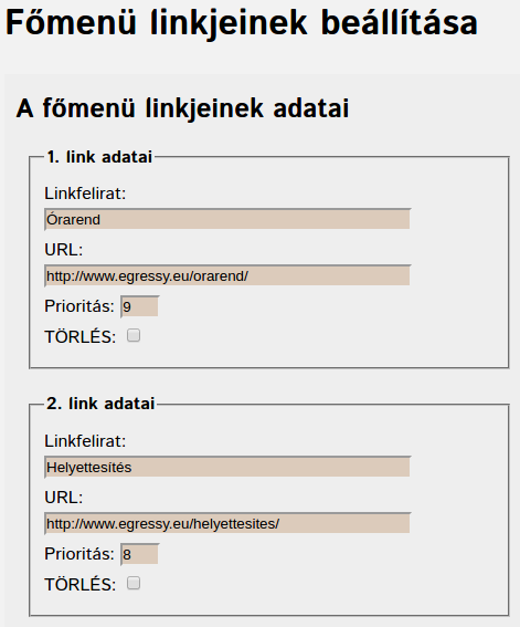 Főmenü beállítása