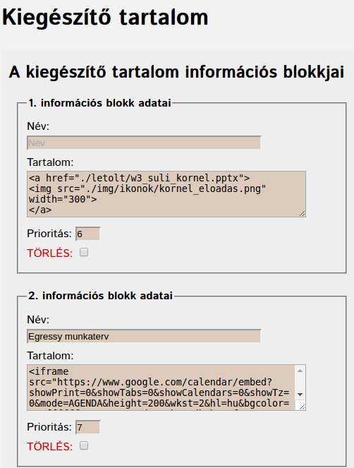 Kiegészítő tartalmak szerkesztése