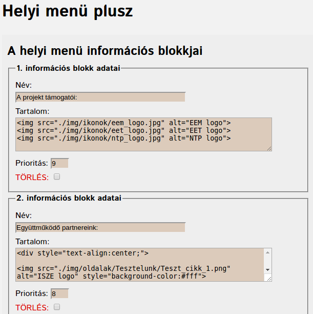 Menü plusz információ szerkesztése